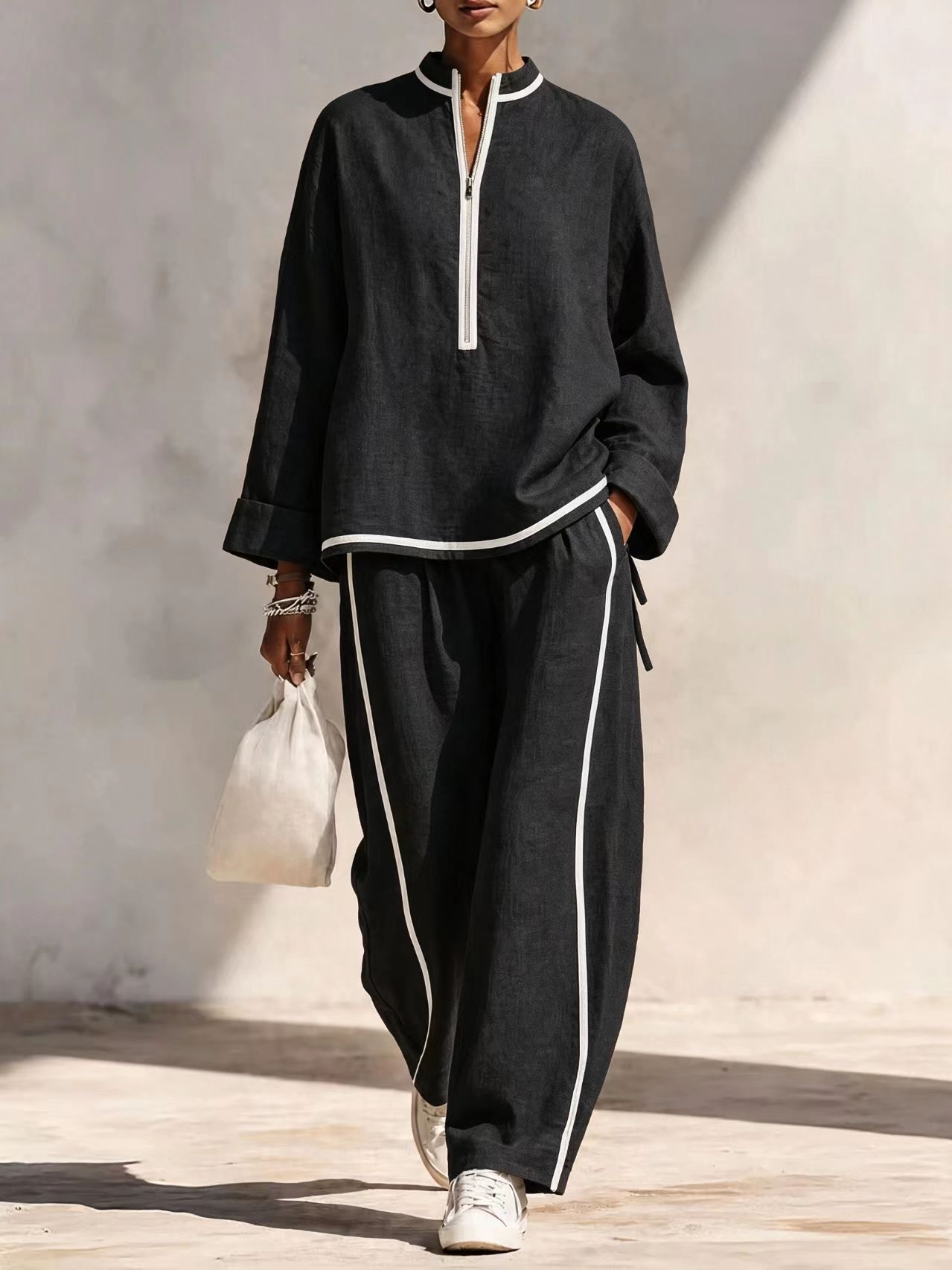 Women's Casual Two-Piece Set with Half-Zip Stand Collar Top and Wide-Leg Pants