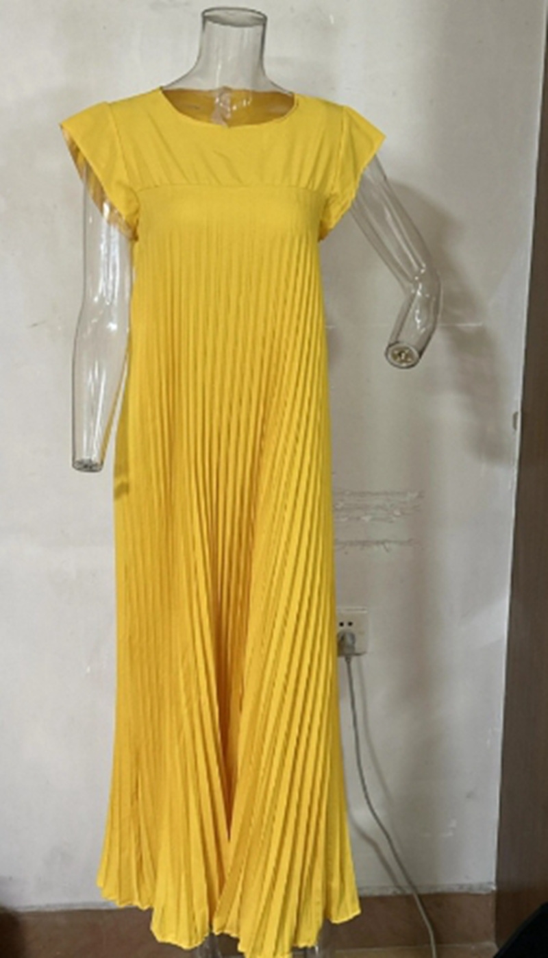 Women's Sleeveless Pleated Dress Round Neck High Waist Long