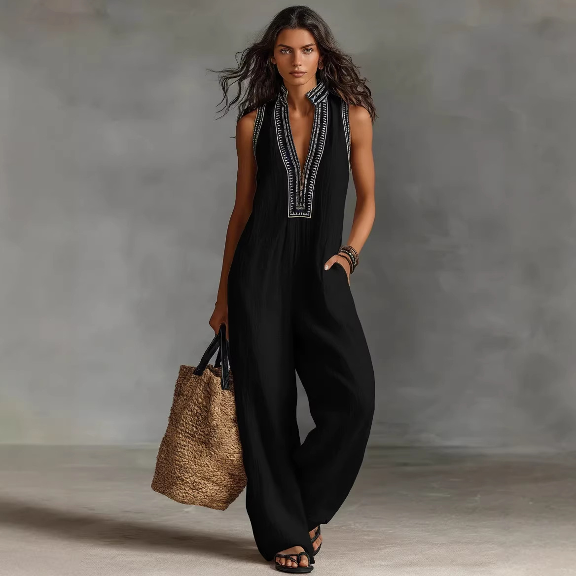 Women's Sleeveless Linen-Blend Wide-Leg Jumpsuit with Zip Stand Collar Print