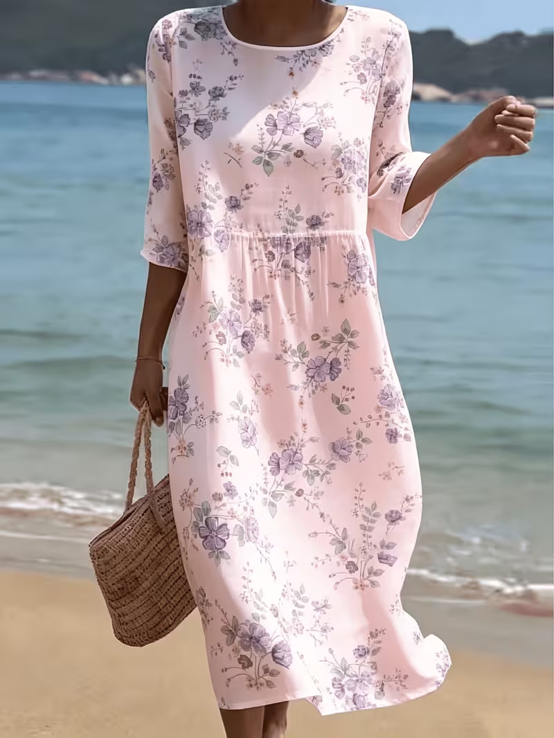 Women's Floral Print Ruched Midi Dress Crew Neck Half Sleeve