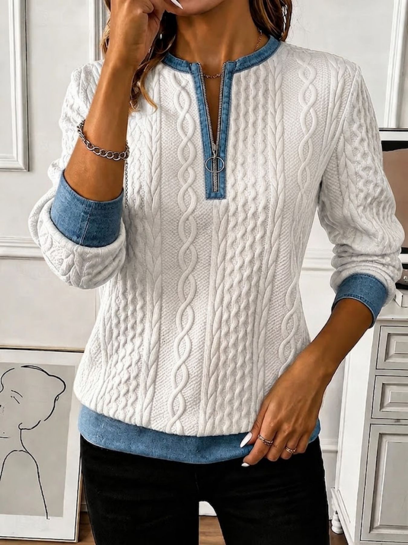 Solid Print Half-Zip Hoodie for Women