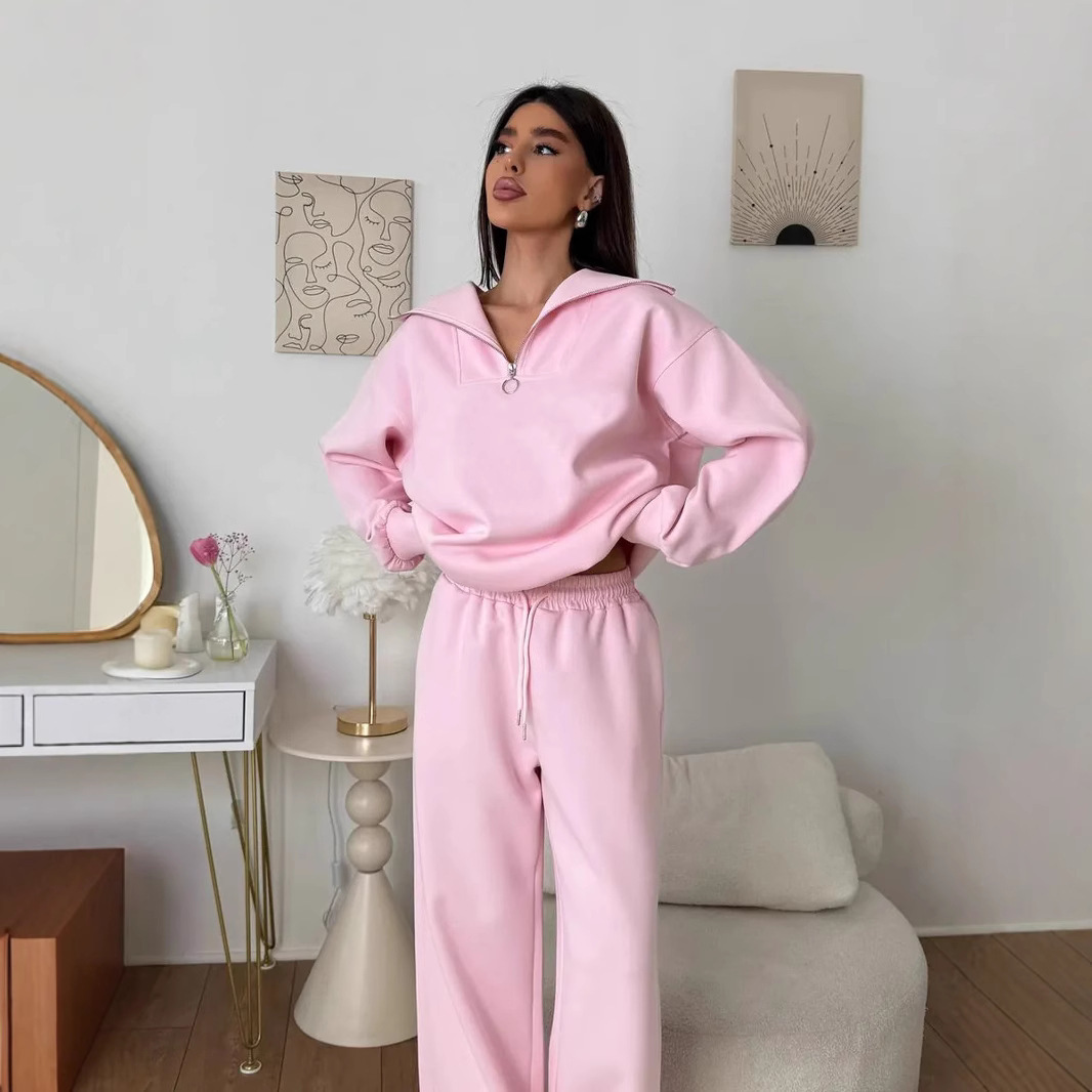 Women's Long Sleeve Stand Collar Zip Tracksuit Casual 2-Piece Set