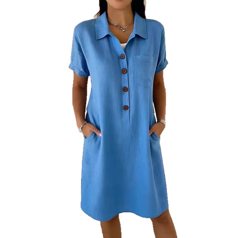 Women's Cotton Linen Button Short Sleeve Shirt Dress Casual