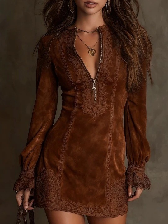 Women's Zip Lace Trim V-Neck Long Sleeve Embroidered Dress