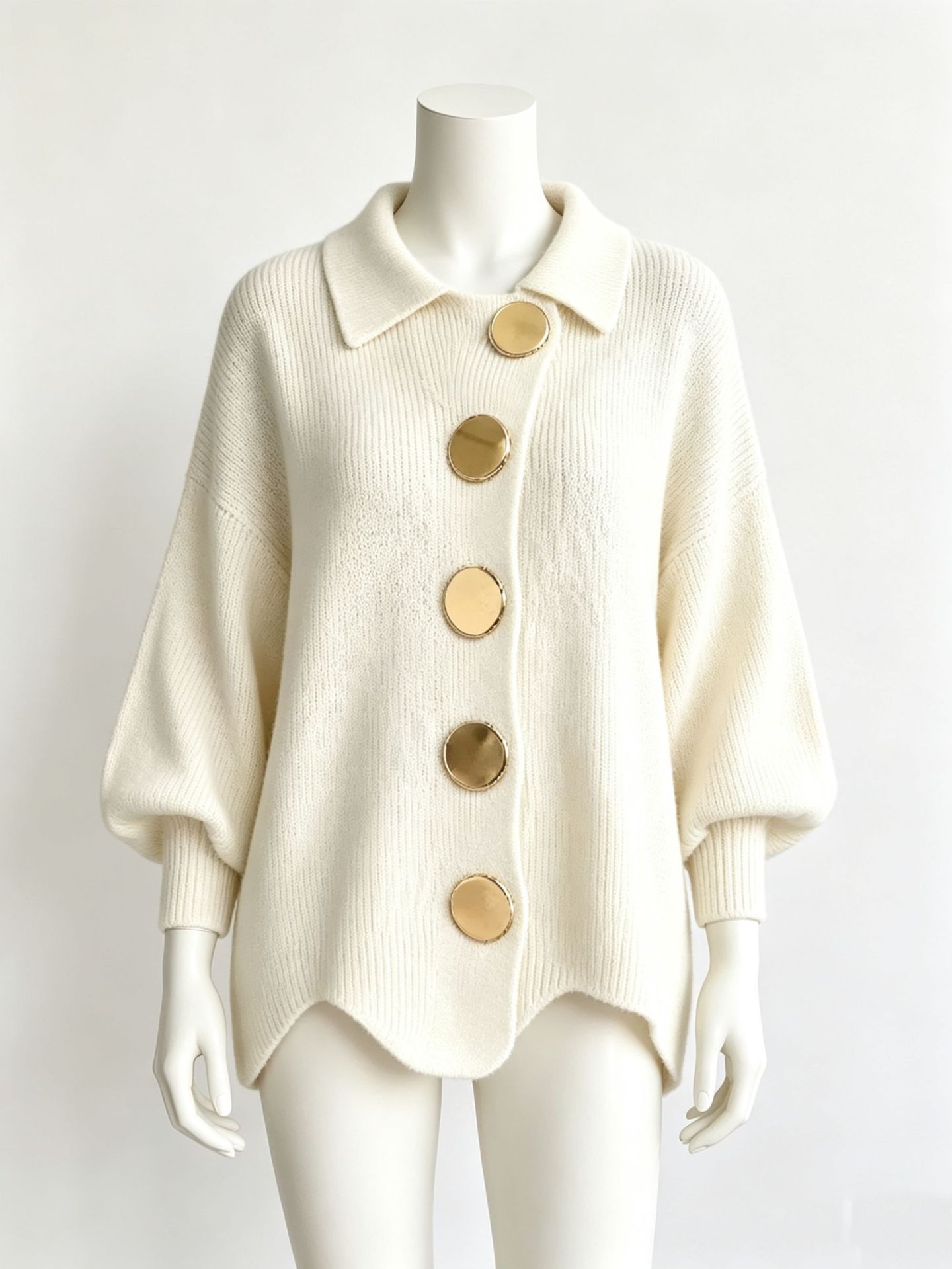 Oversized Knit Cardigan with Lapel Collar and Large Metal Buttons