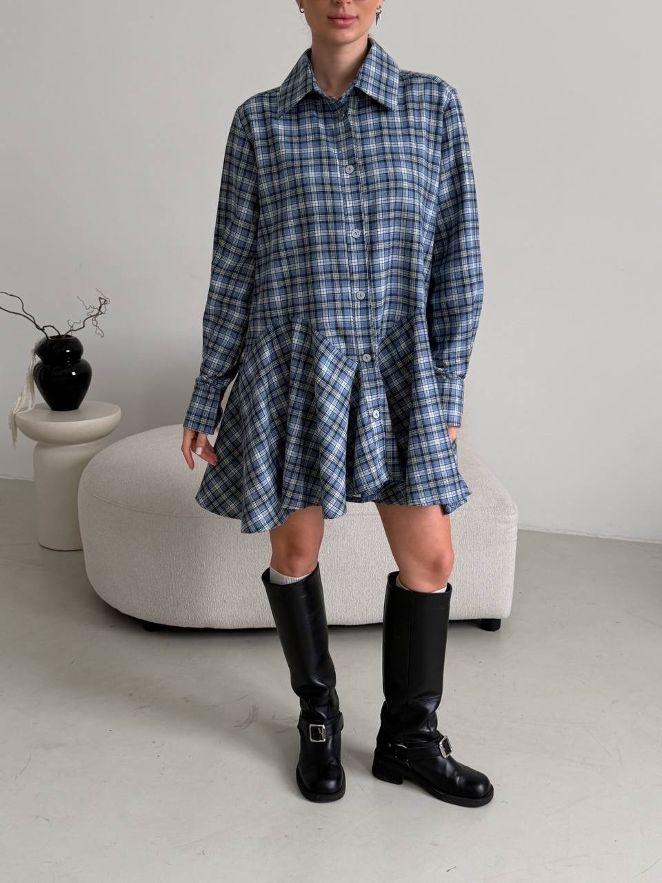 Retro Plaid Collared Slimming Shirt Dress with Puff Skirt