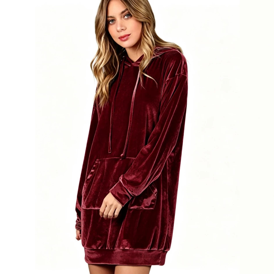 Velvet Hooded Sweatshirt Dress Oversized Pullover