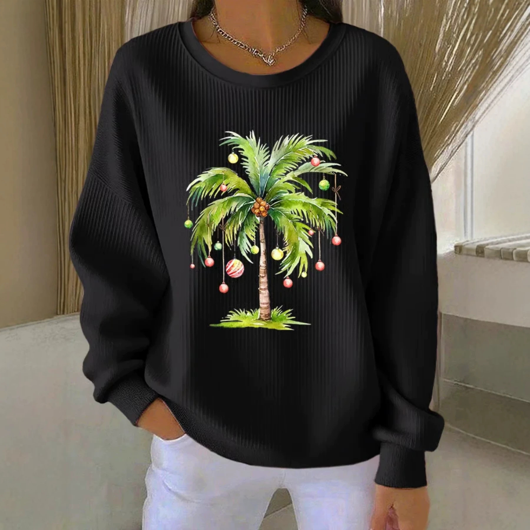 Coconut Tree Fruit Print Crewneck Long Sleeve Pullover Sweatshirt