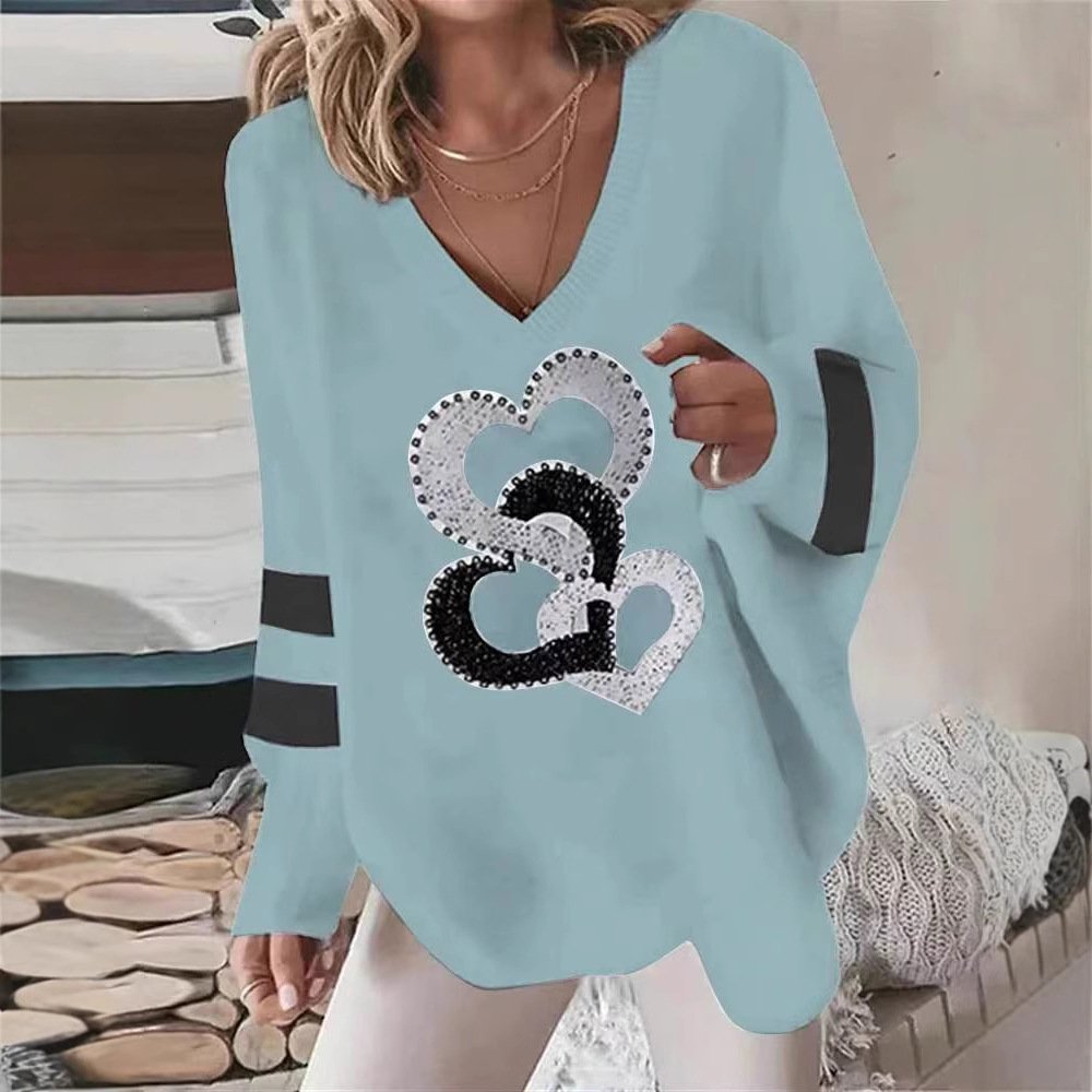 V-Neck Loose Geometric Heart Long-Sleeve Sweatshirt for Women