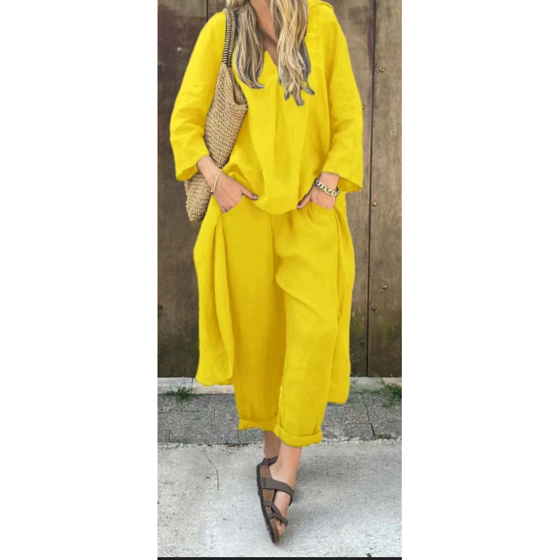 Women's Plus Size Cotton-Linen V-Neck Long Sleeve Top & Pants Set Casual Loungewear