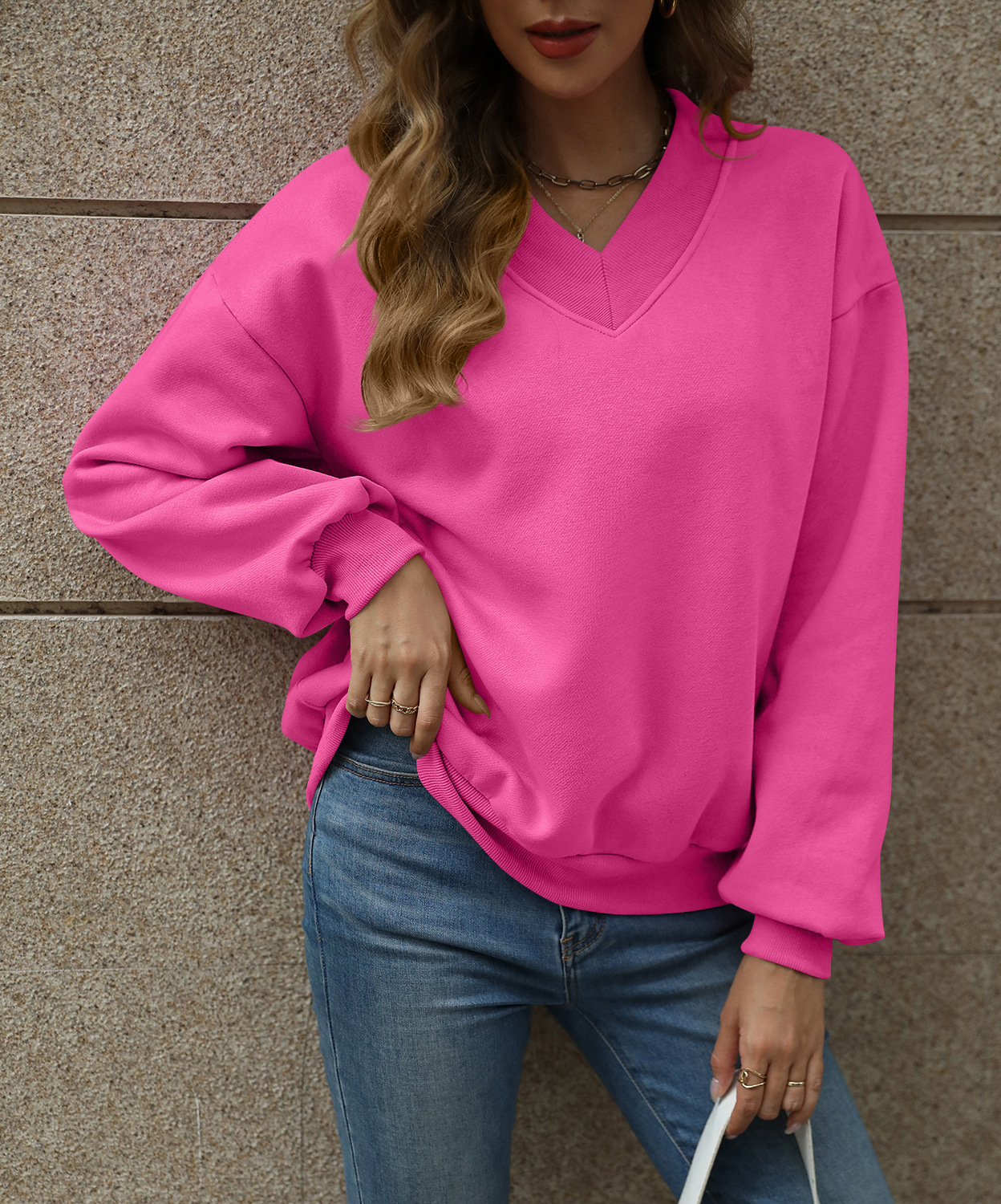 Women's V-Neck Fleece-Lined Loose Pullover Sweatshirt