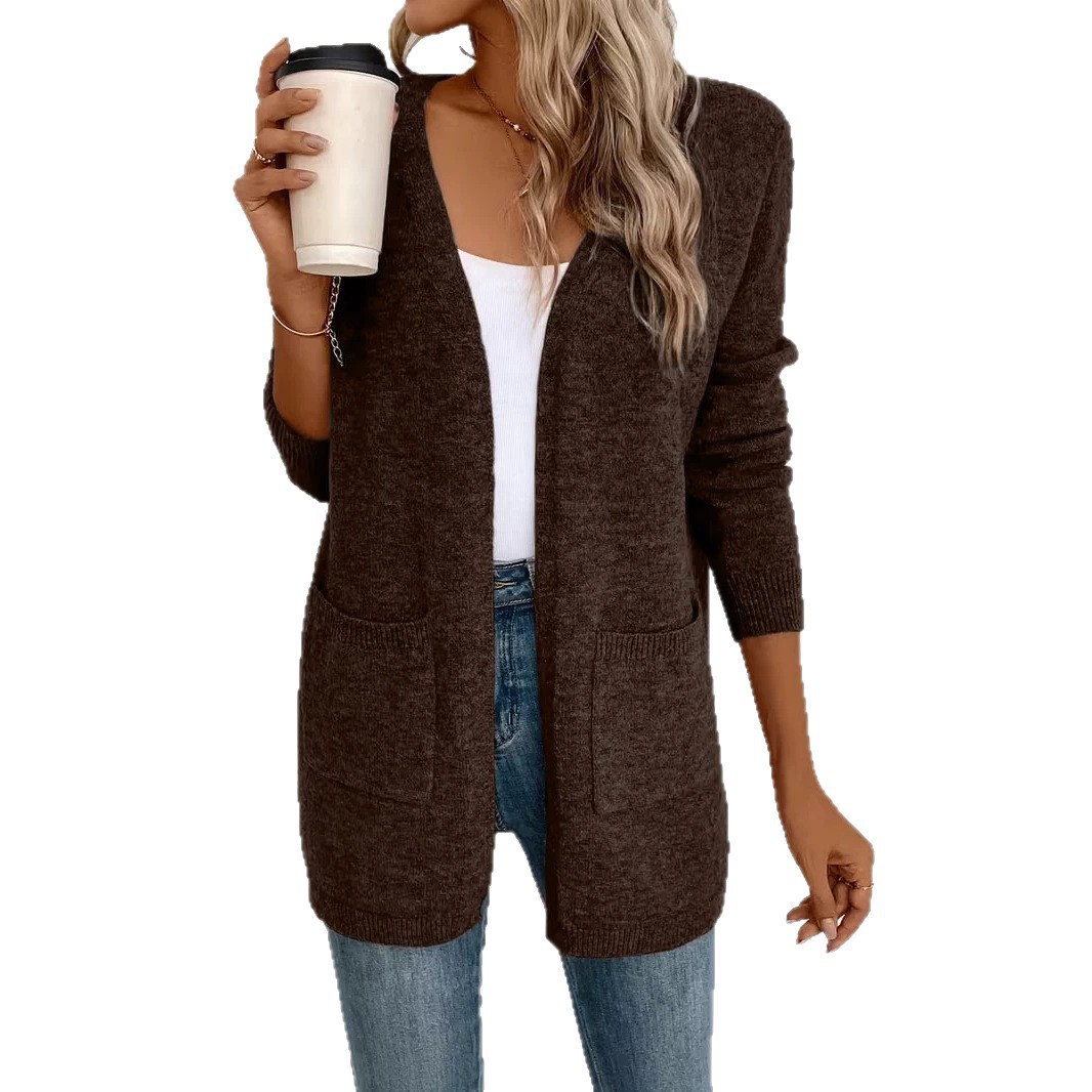 Women's Pocket Cardigan Sweater Mid-Length Loose Solid Knit Coat