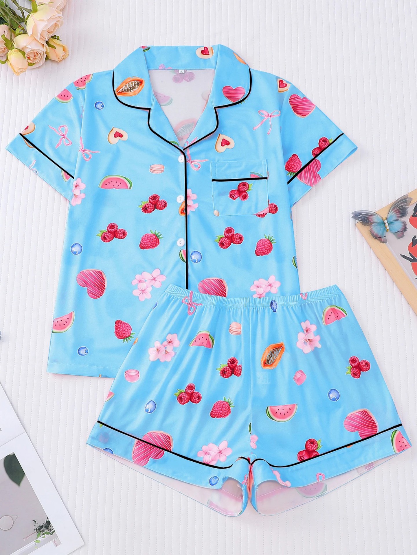 Women's Cuban Collar Fruit Print Shirt Set Casual Loungewear