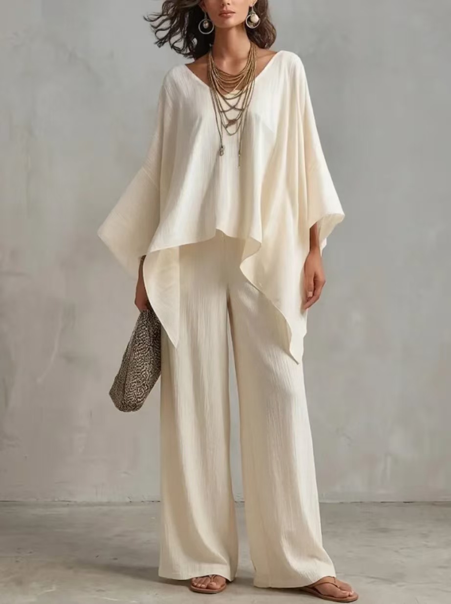 Women's Summer Cotton-Blend Two-Piece Set – Solid Color, Loose Fit, Elegant Casual
