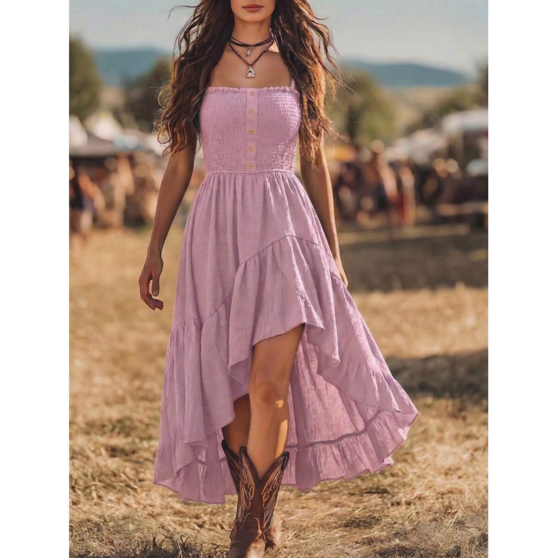 Bohemian Smocked Waist Midi Dress Sleeveless A-Line