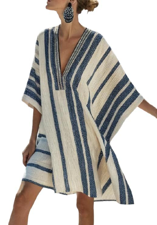Women's Striped Floral Print Midi Dress Deep V-Neck Sleeveless Slim Fit
