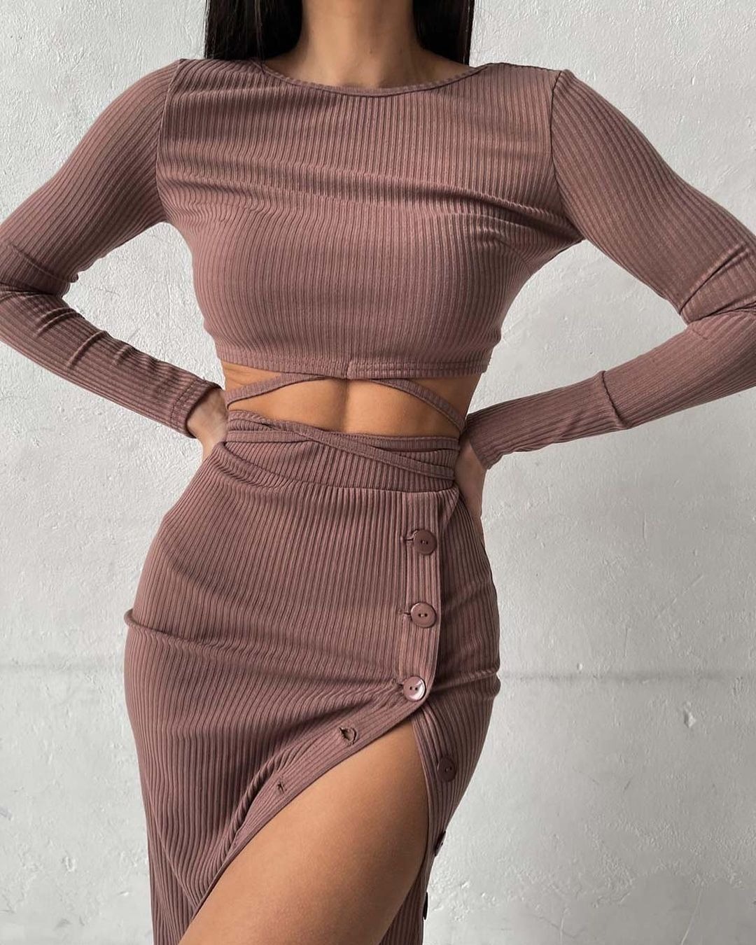 Women's Cropped Knit Two-Piece Dress Set with Slit Bodycon Midi Skirt