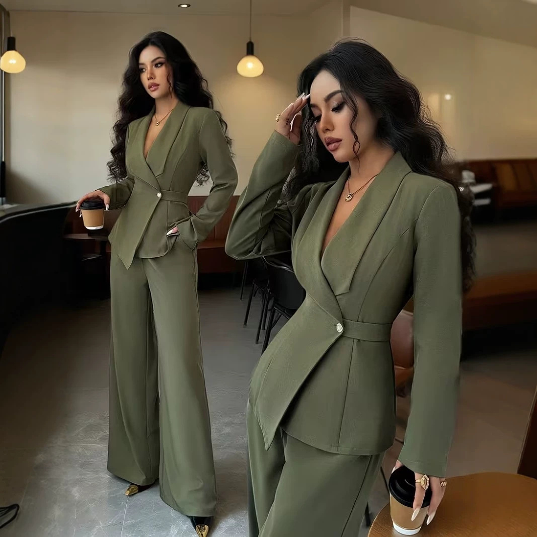 Women's Solid V-Neck Long Blazer and Wide-Leg Pants Two-Piece Set