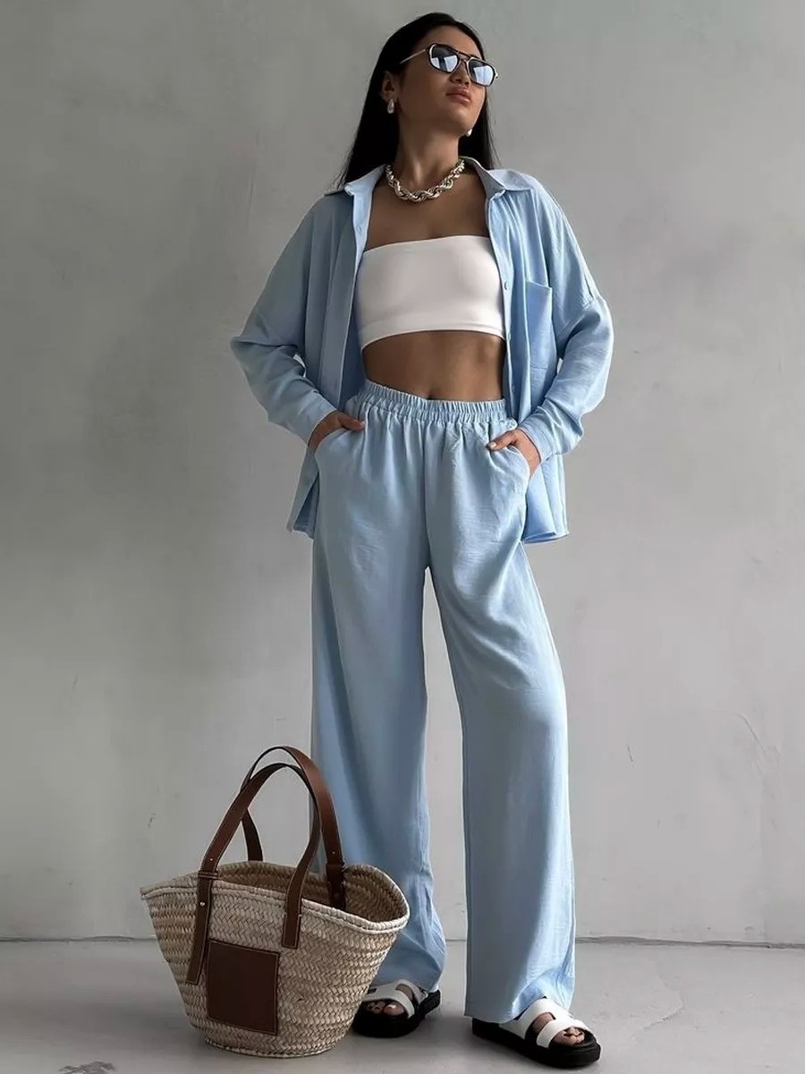 Women's Solid Color Cardigan and Wide-Leg Pants Set with Pockets