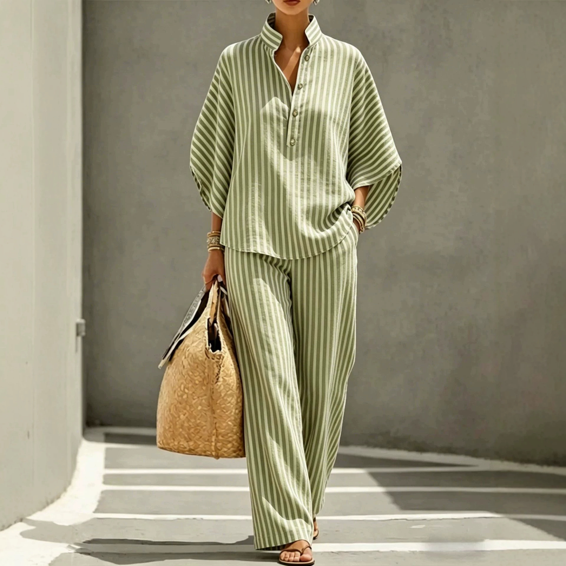 Women's Striped Shirt and Pants Set Casual Vacation Outfit