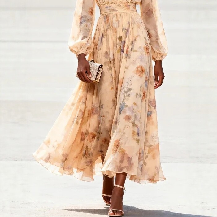 Floral Print V-Neck Waist-Cinched Midi Chiffon Dress with Lantern Sleeves