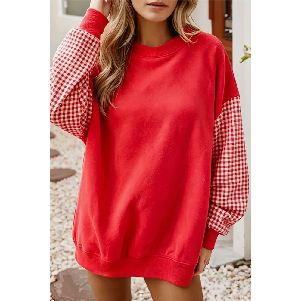 Women's Loose Crewneck Colorblock Plaid Long-Sleeve Sweatshirt