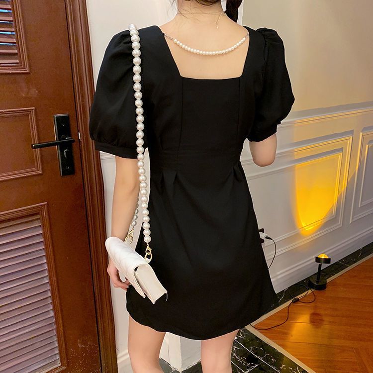 French Square-Neck Puff-Sleeve Ruched A-Line Dress