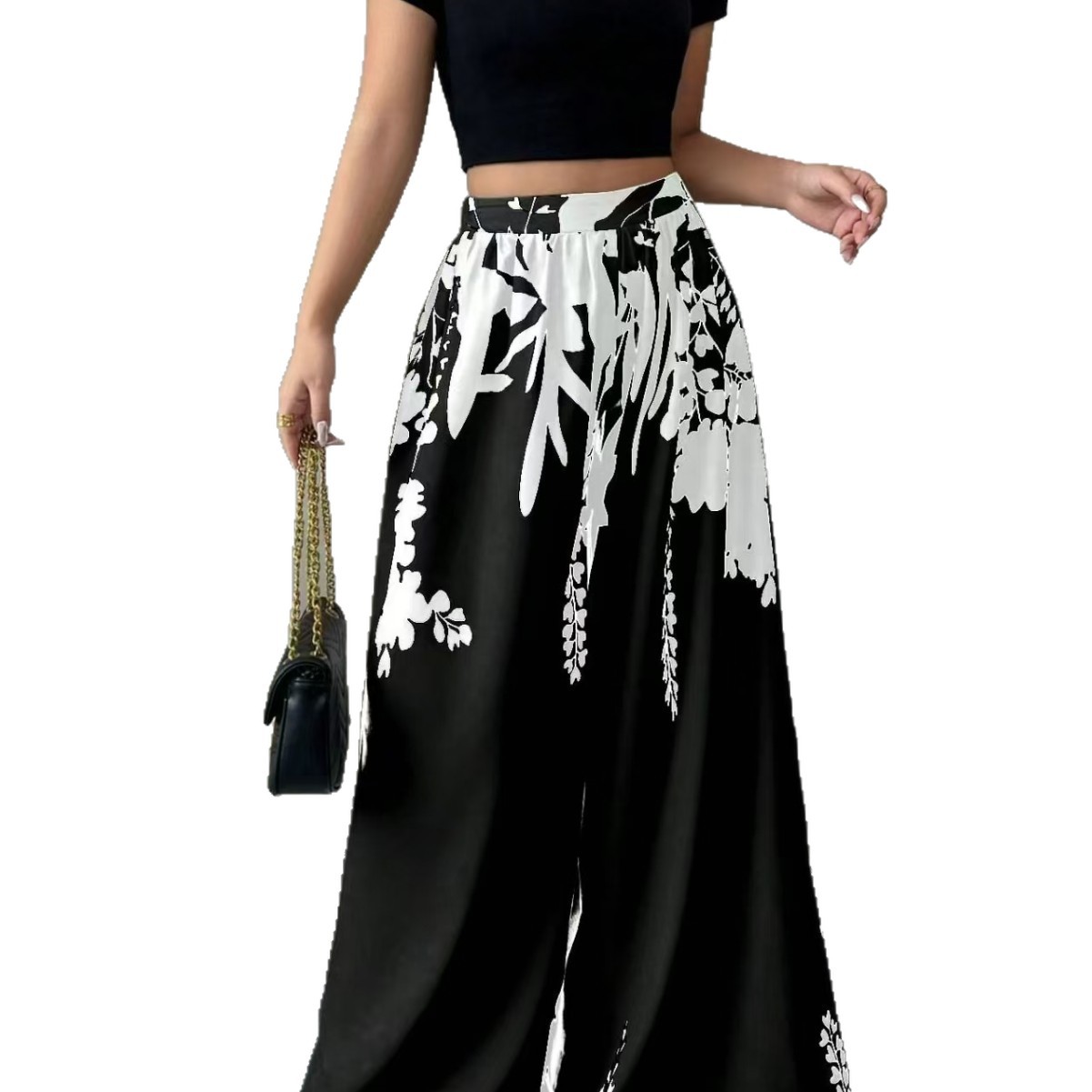Black and White Floral Print Wide-Leg Pants for Women