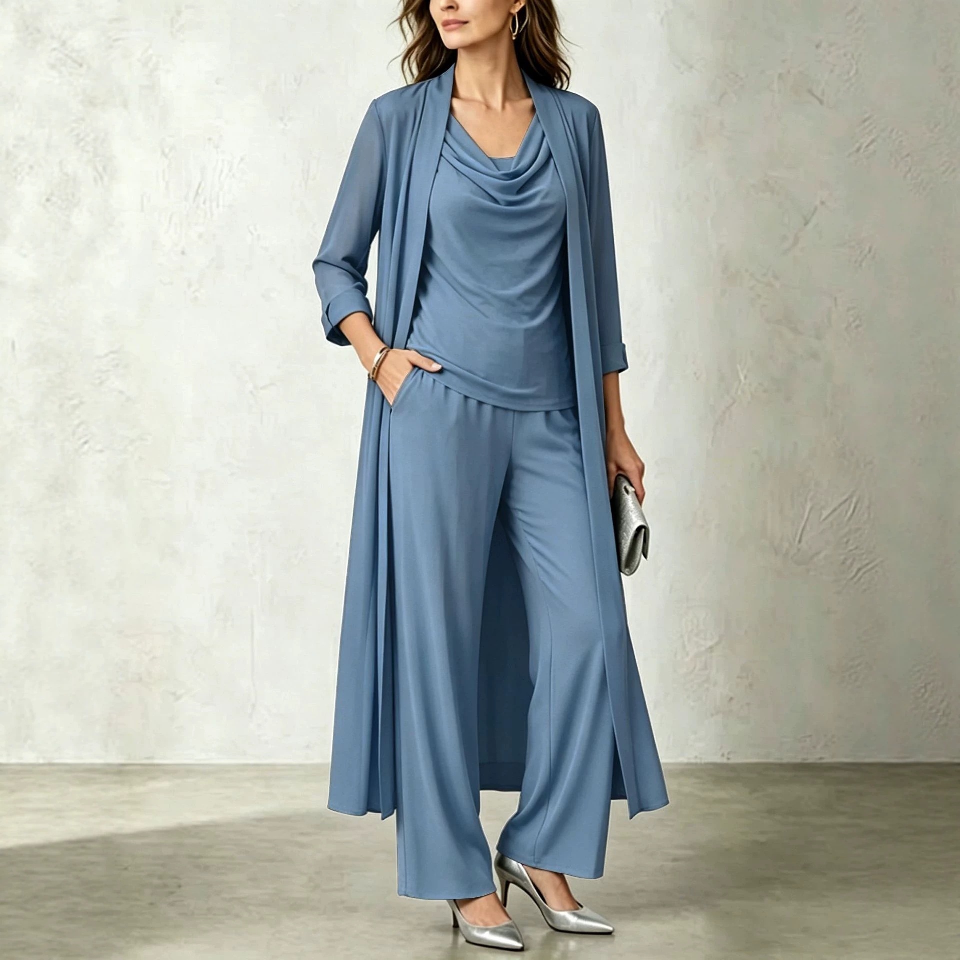 Minimalist Long Sleeve Draped Neck Cardigan and Pants Three-Piece Set