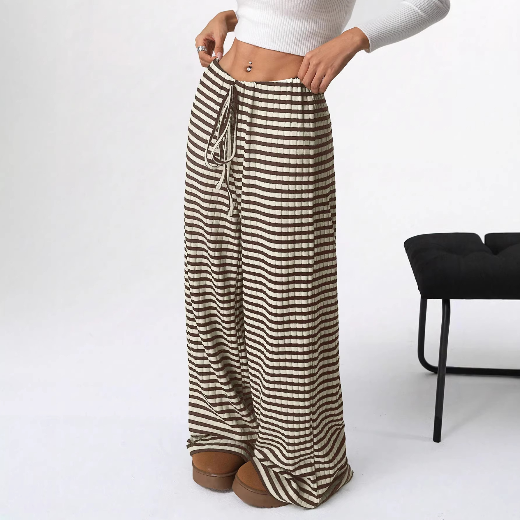 Women's Casual Striped Solid Drawstring Cotton Straight-Leg Pants