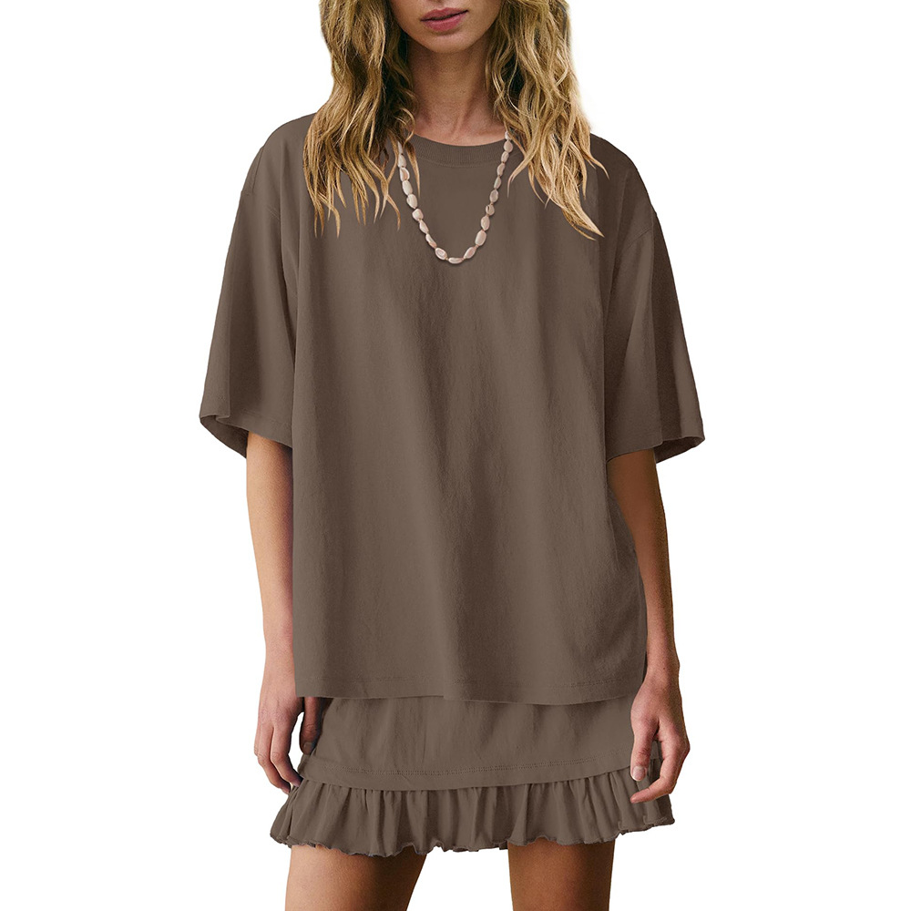 Women's Two-Piece Short Sleeve Top and Mini Skirt Set with Ruffle Trim