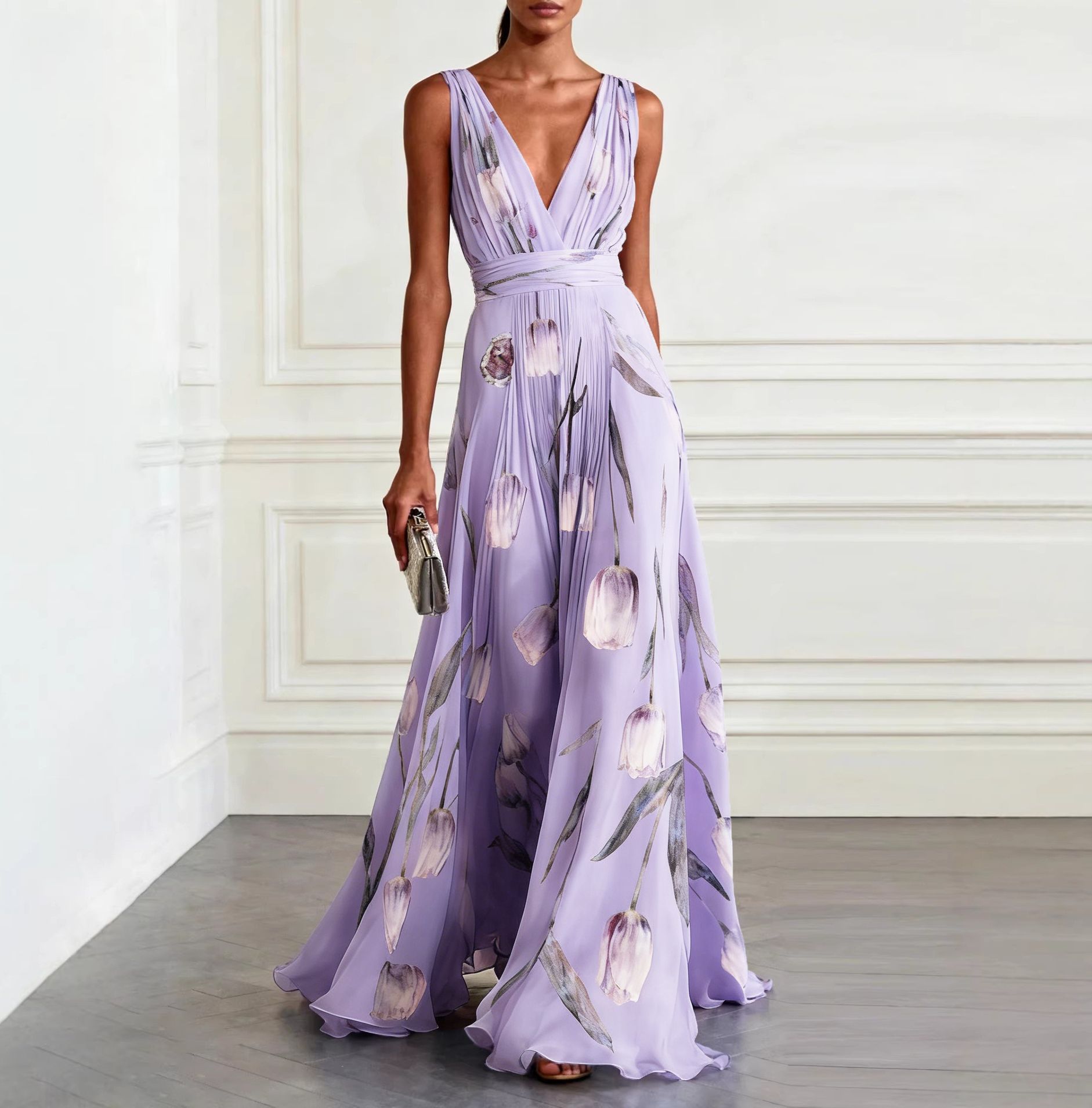 Tulip Print Sleeveless V-Neck A-Line Maxi Dress