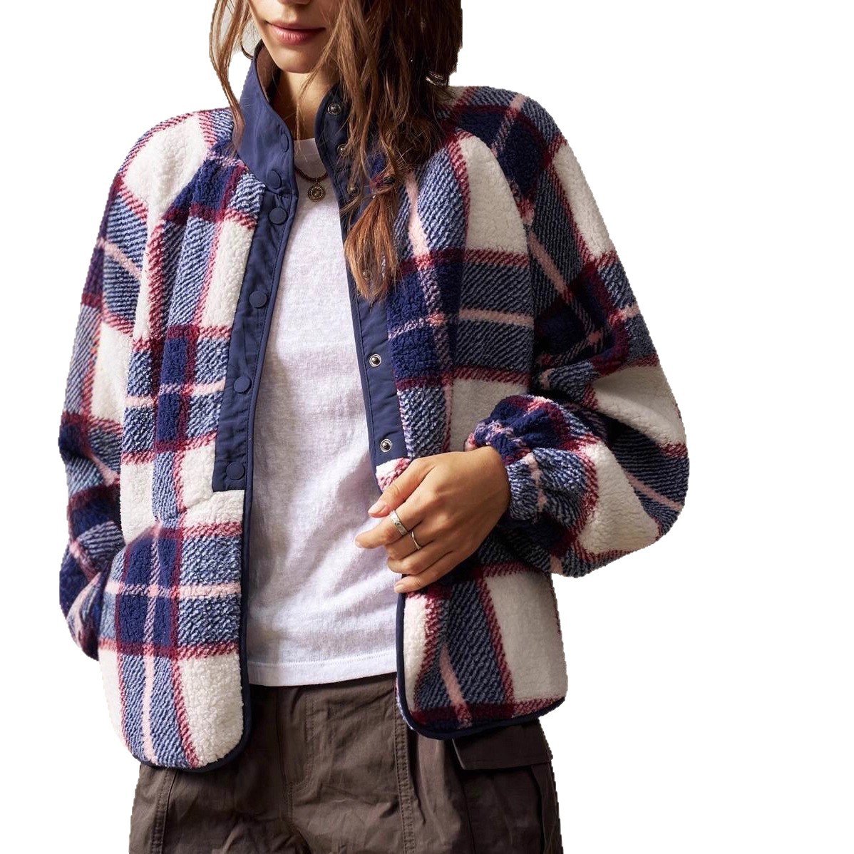 Women's Plaid Double-Faced Fleece Long Sleeve Cardigan Jacket