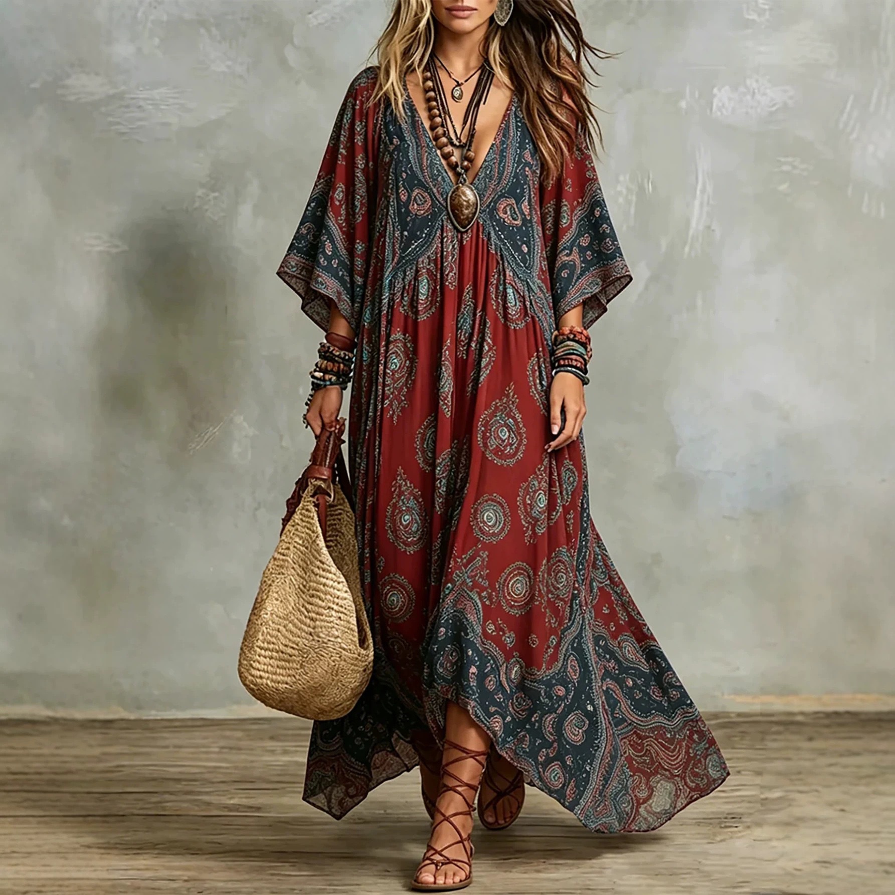 Bohemian Sleeveless V-Neck Printed Maxi Dress Retro Style