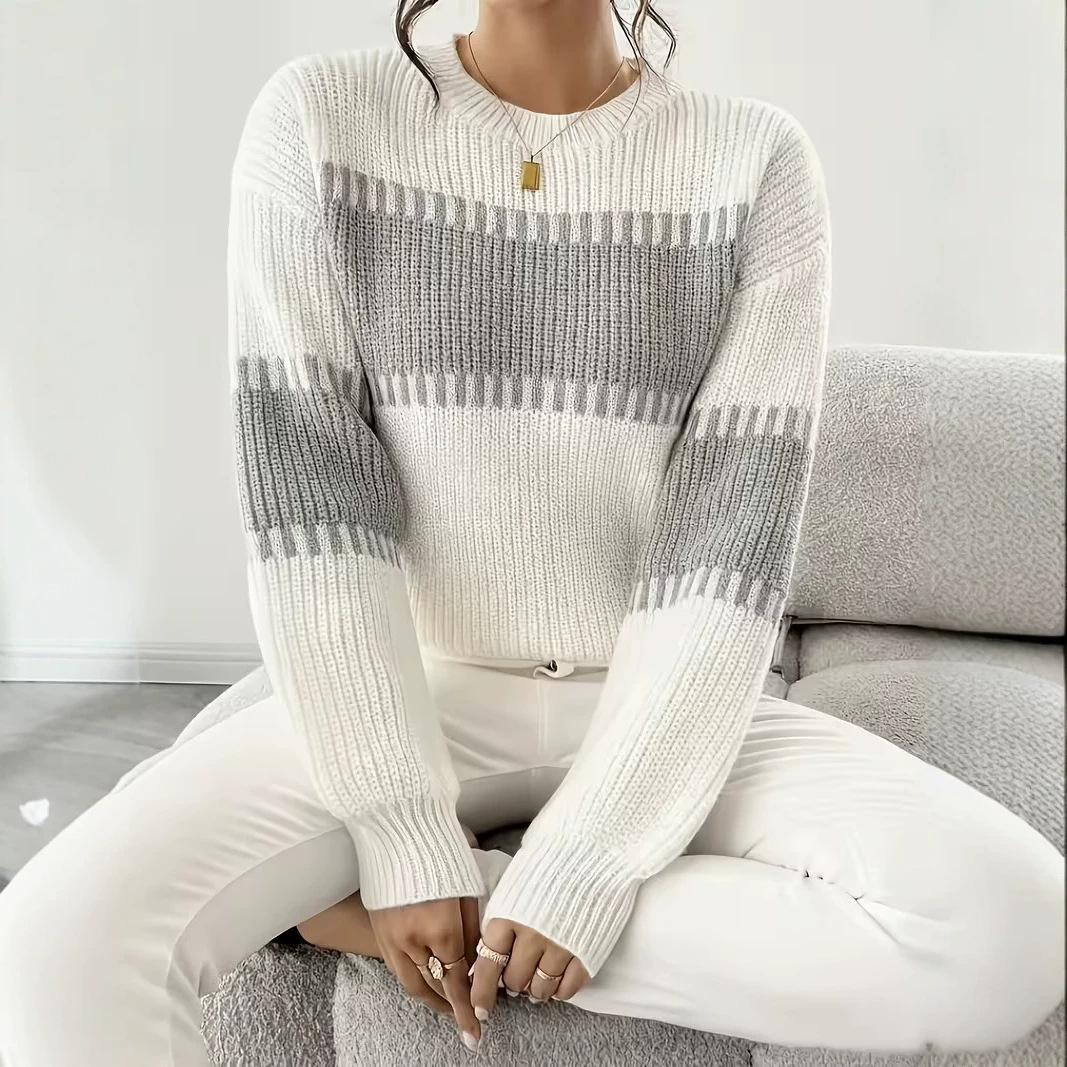 Women's Casual Striped Drop Shoulder Long Sleeve Sweater Colorful Striped Pullover