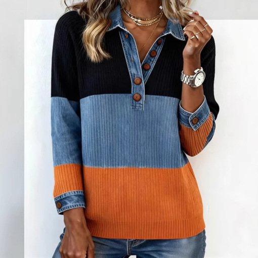Color-Block Denim Knit Top with Button Shirt Collar