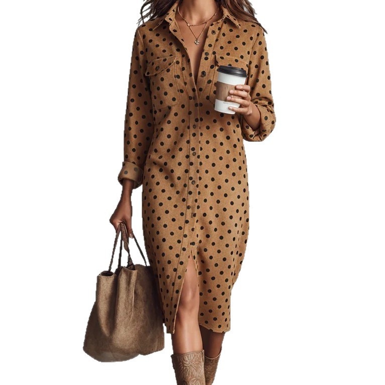 Slimming V-Neck Polka Dot Long Sleeve Midi Dress