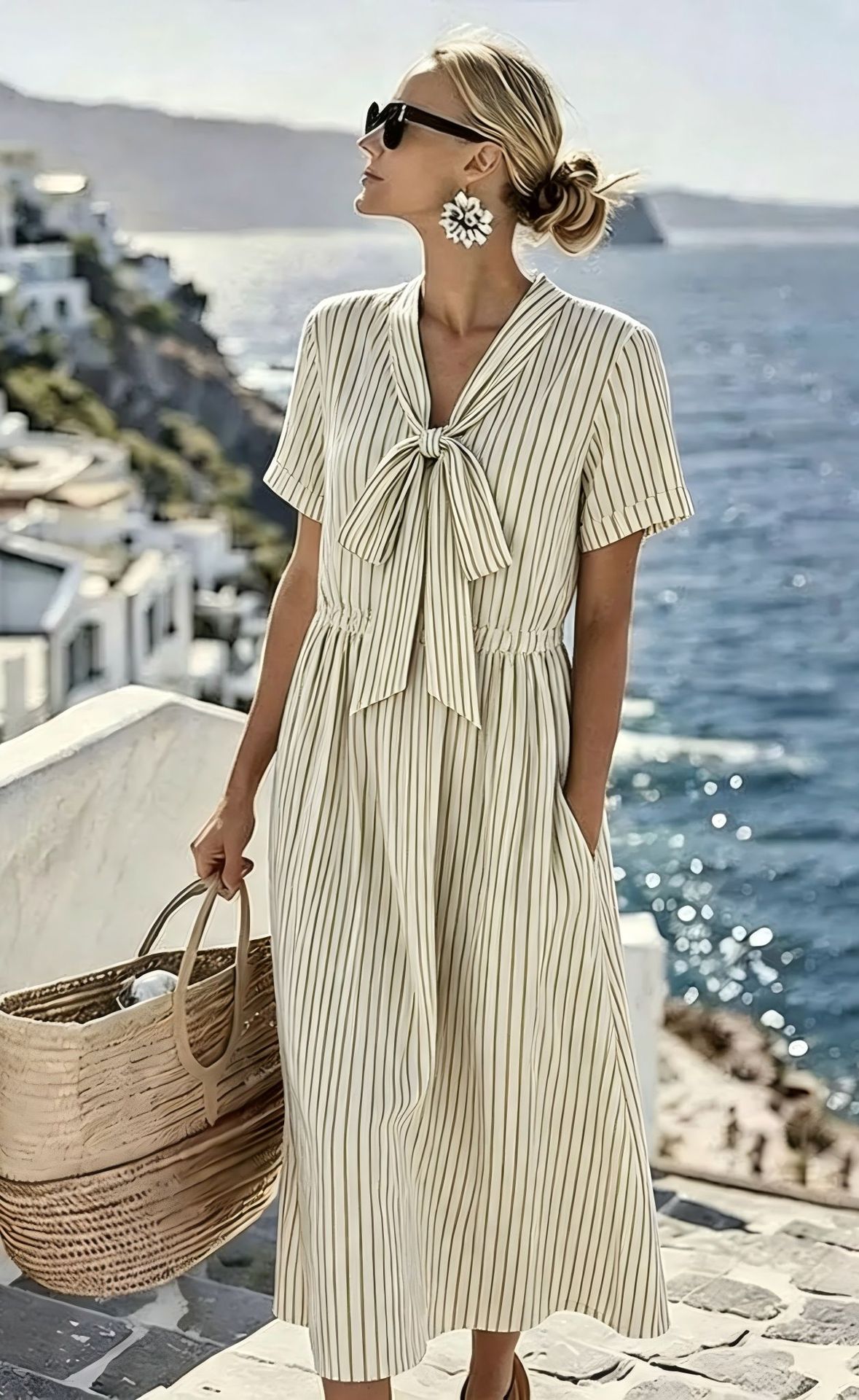 Women's Bow Casual Dress with Minimalist Print