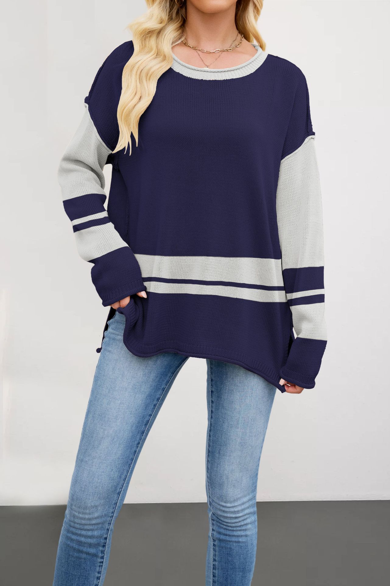 Color-Block Crewneck Knit Sweater, Loose Fit Pullover