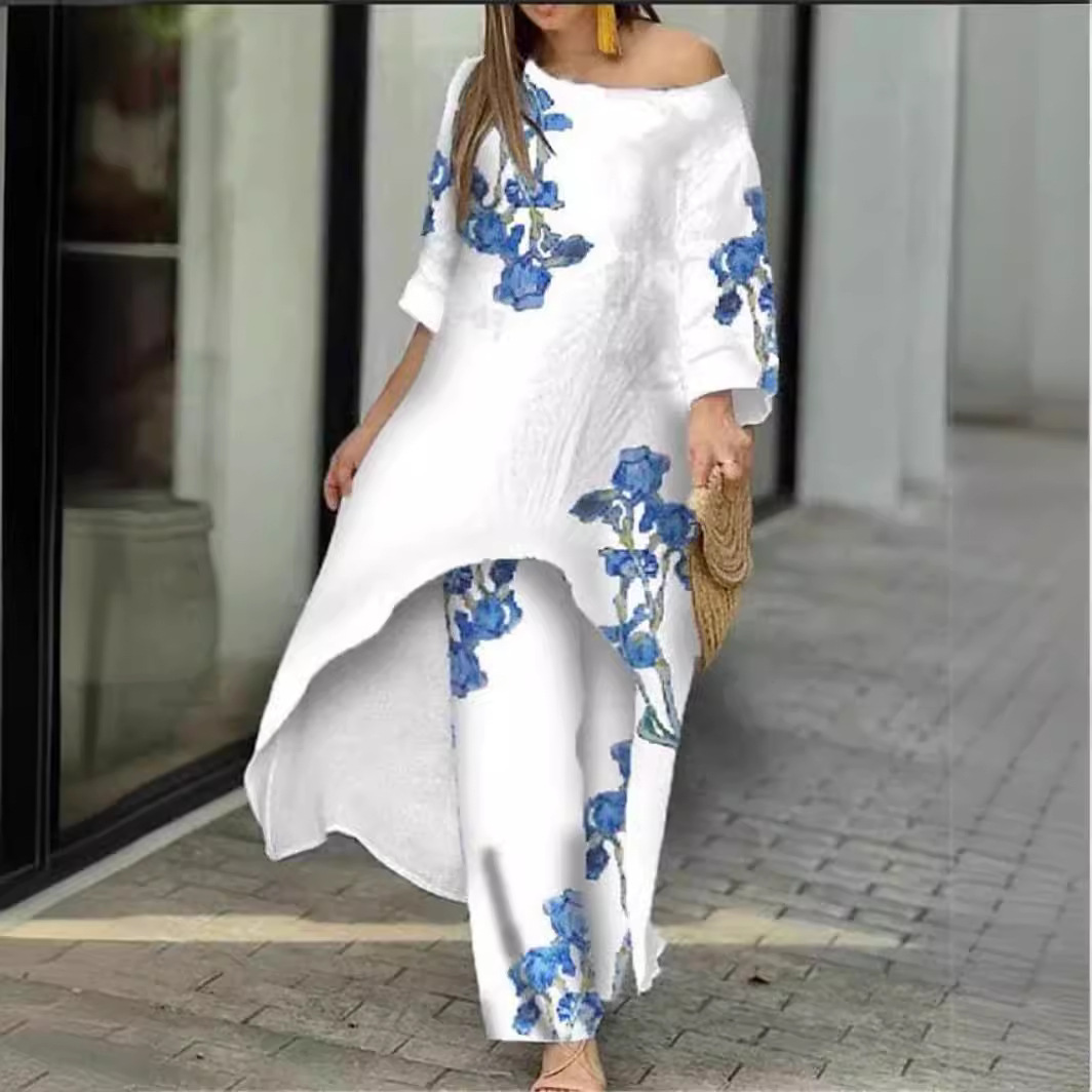 Women's Loose Plus Size Irregular Print Two-Piece Straight Pants Set