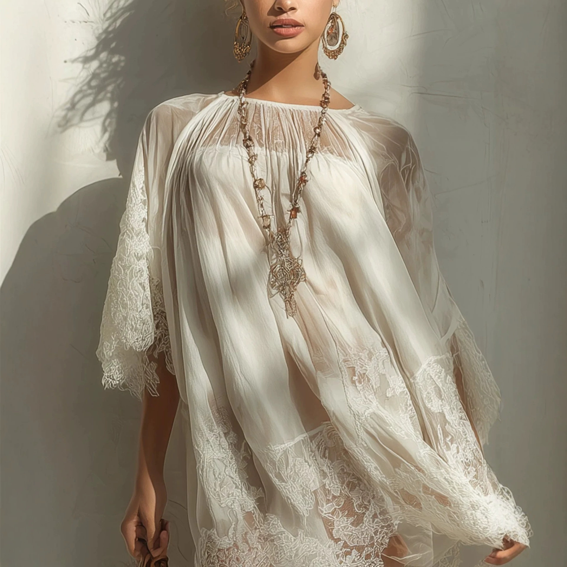 Lace Panel Sun Protection Cover-Up Dress Sheer Beach Vacation Midi