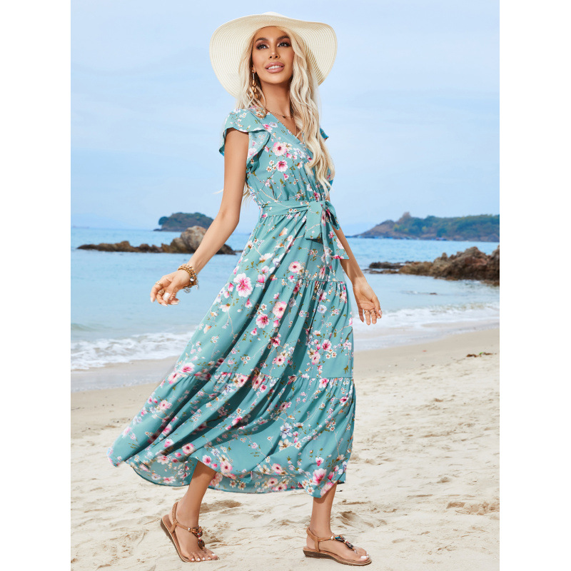 Floral Print V-Neck Tiered Midi Dress with Ruffle Sleeves