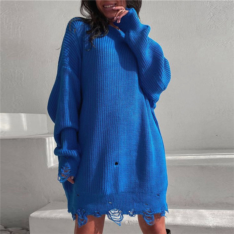 Loose Solid Color Distressed Crewneck Pullover Sweater Long Sleeve Mid-Length
