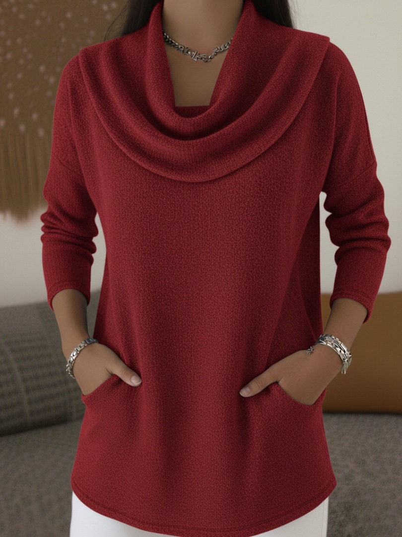 Solid Color Cowl Neck Long Sleeve Pullover with Pockets
