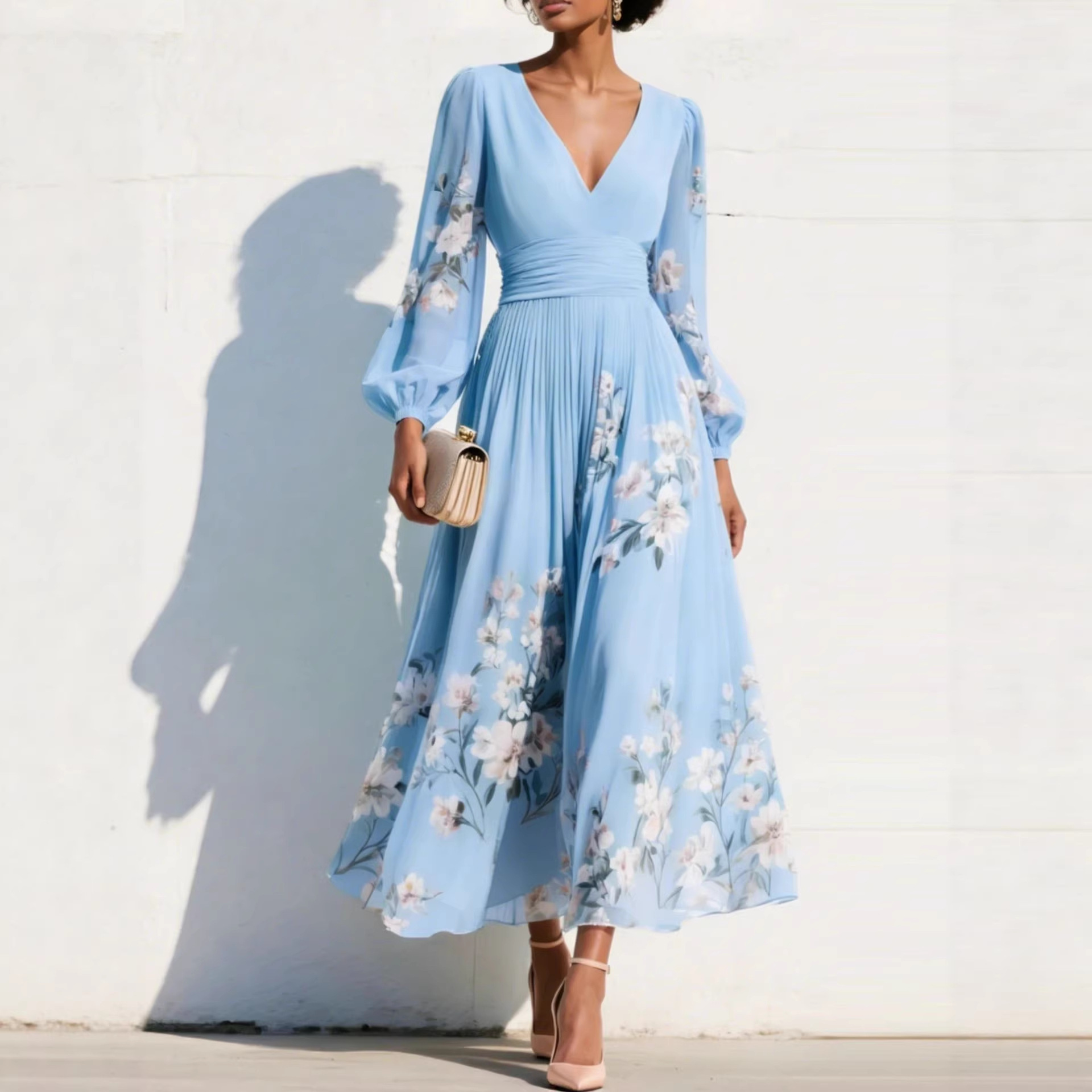 Floral Print V-Neck Pleated Long Sleeve Maxi Dress