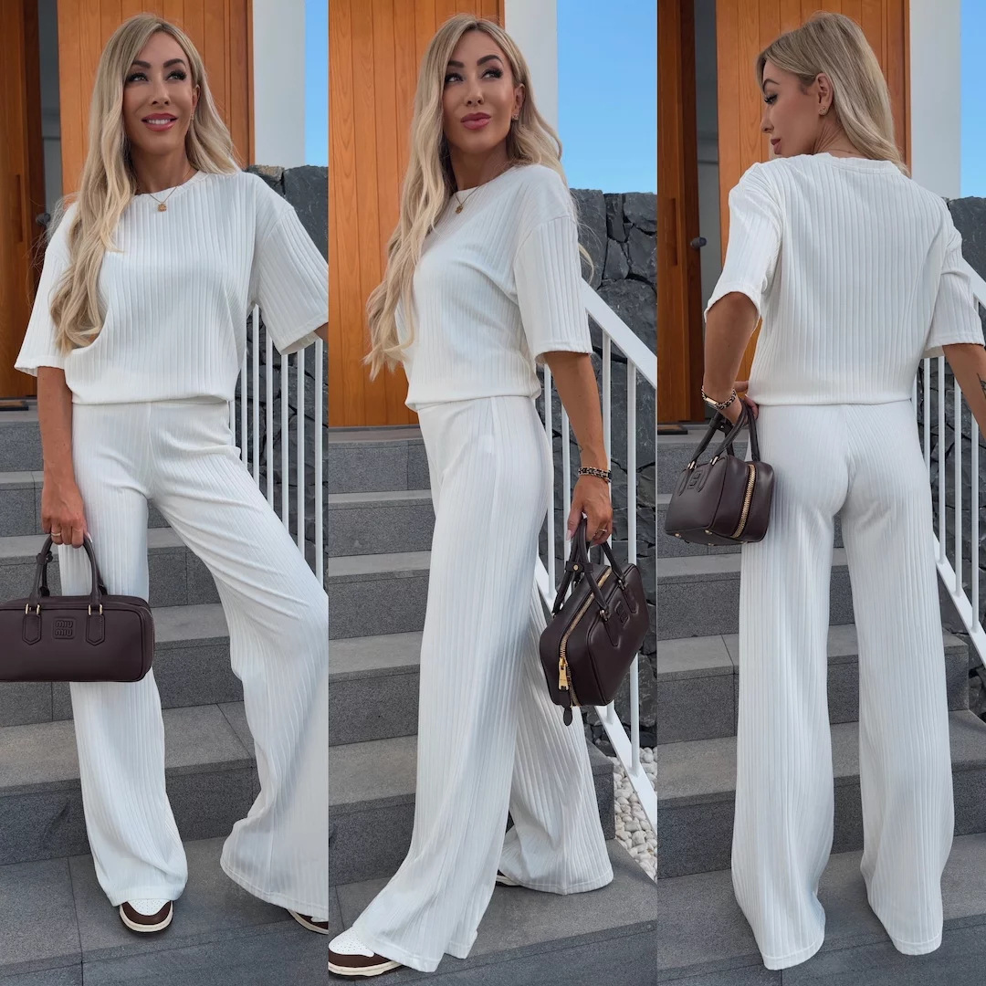 Women's Casual Two-Piece Set Solid Crewneck Short-Sleeve Top and Elastic-Waist Pants