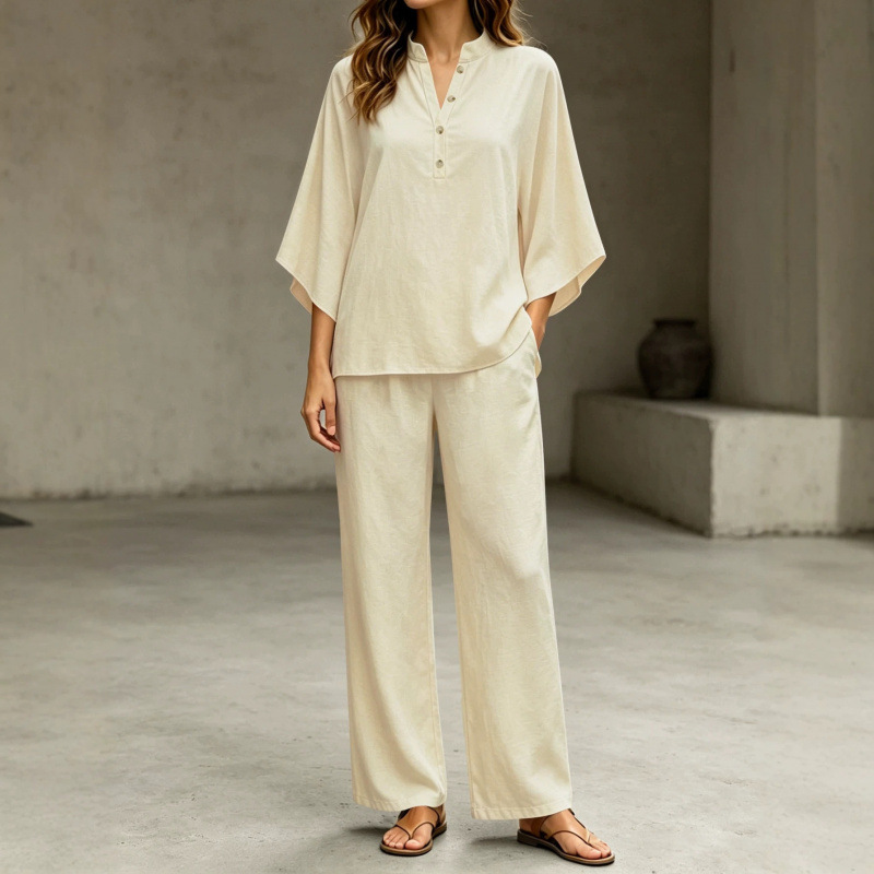 Minimalist Loose Batwing Sleeve Half-Placket High-Waist Wide-Leg Two-Piece Set