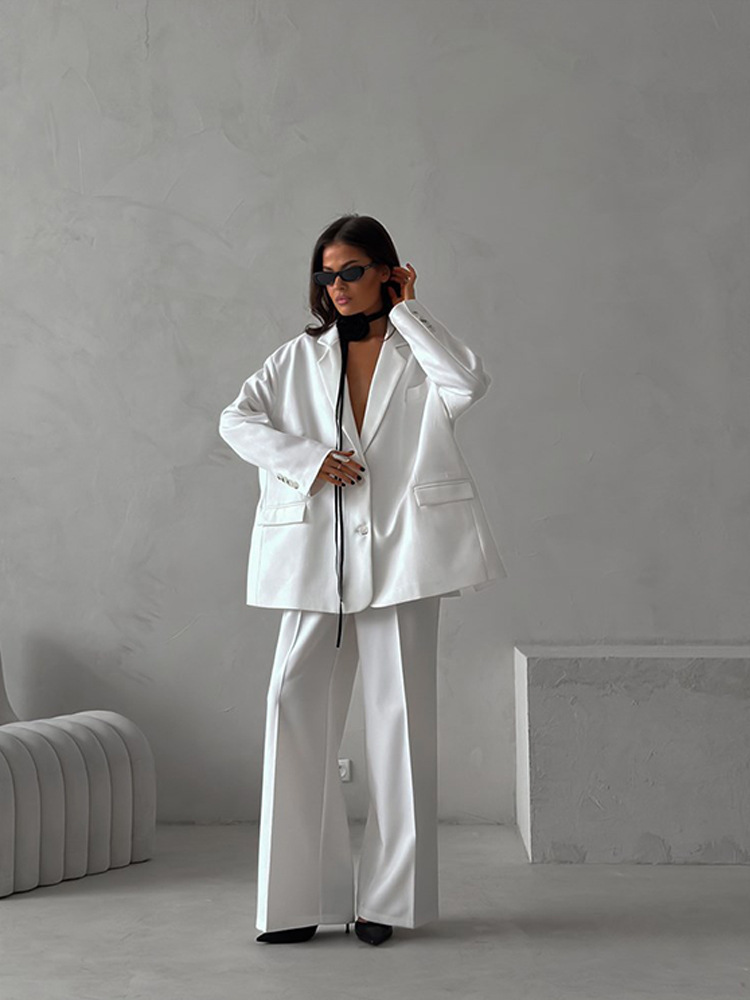 Women's Casual Two-Piece Suit Set Solid Color Loose Cardigan Blazer and Button Pants