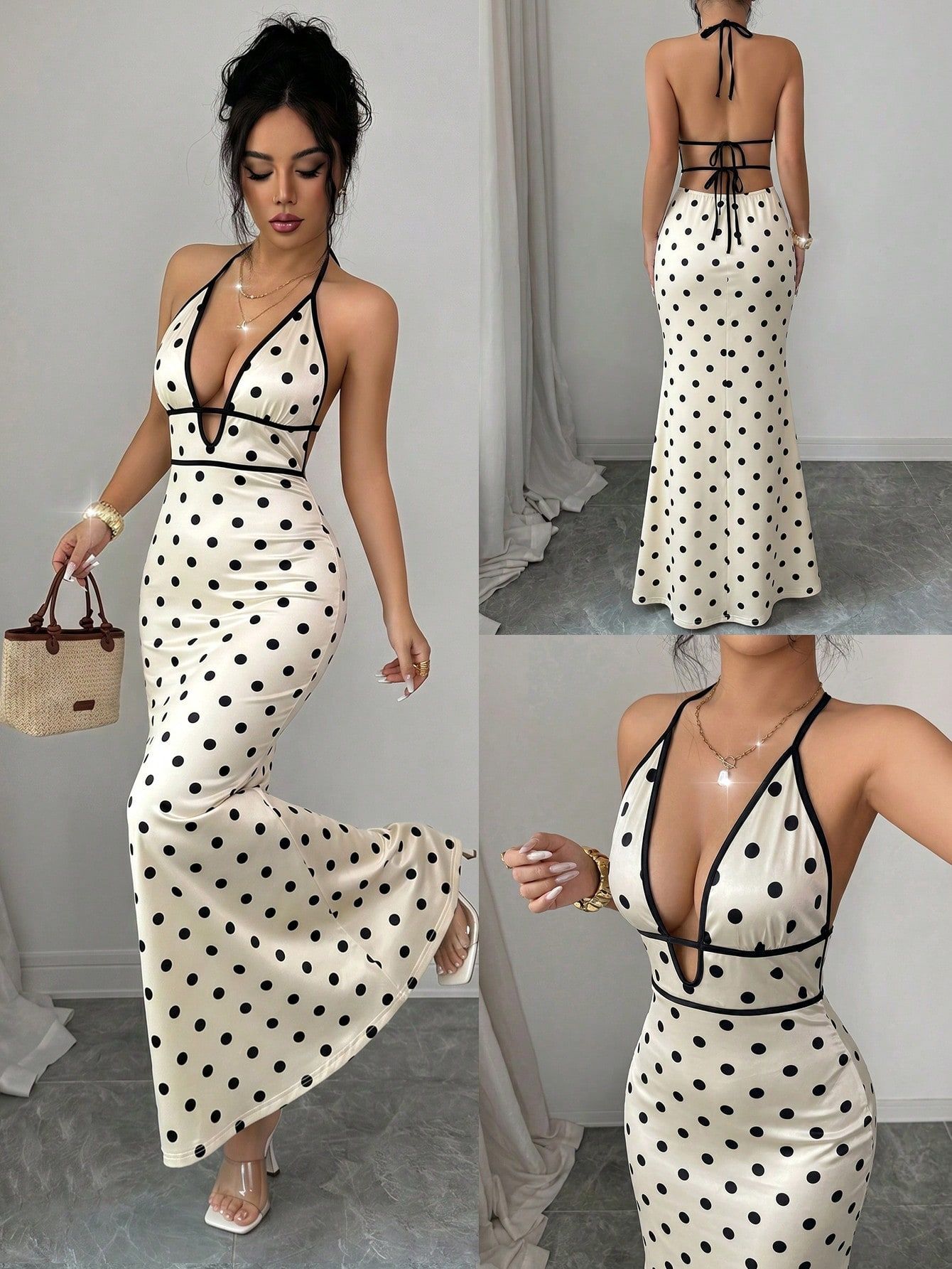 Polka Dot Halter Deep V Backless Tie Bodycon Maxi Dress