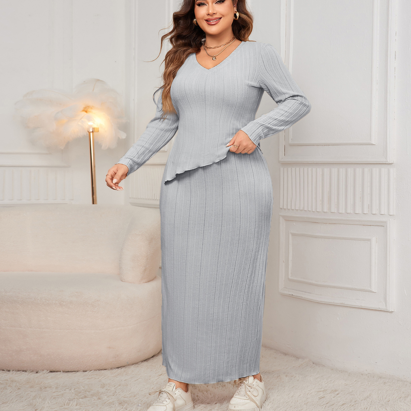 Women's Plus Size Long Sleeve Asymmetric Hem Bodycon Skirt Set